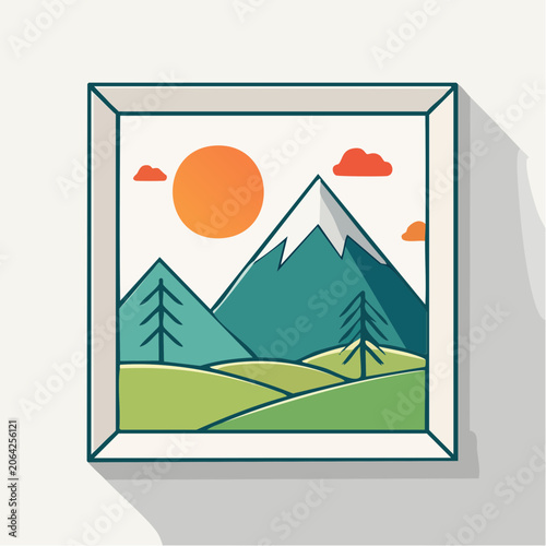 Flat Design Mountain Landscape with Sun and Clouds