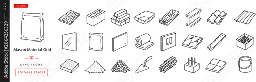Mason Material Grid. Line icon set of Building Materials: cement bag, concrete block, brick stack, stone slab, timber plank, steel beam, glass pane, plywood sheet, drywall panel, insulation roll, roof