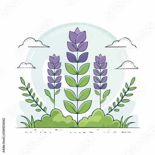 Stylized Lavender Flowers with Clouds and Greenery
