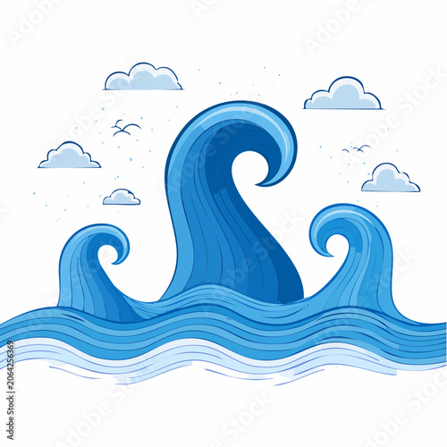 Stylized Blue Ocean Waves and Clouds Illustration