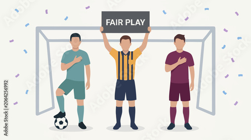 Obraz na plátne Soccer players and referee promoting fair play and sportsmanship