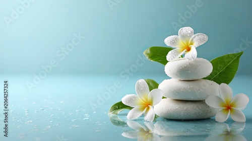 Zen Spa Stones with White Plumeria Flowers on Tranquil Water.