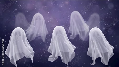 Minimalist Translucent Cute Ghosts Floating in Soft Pastel Fog Seamless Loop
