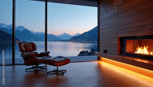 Brown leather lounge chair, glowing wood fireplace, floor-to-ceiling glass overlooking lake and snow peaks at sunset.