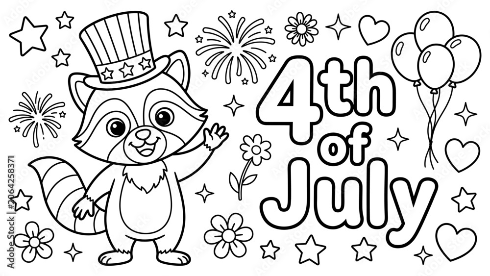 Naklejka premium Cute raccoon coloring page for fourth of july with fireworks stars balloons and independence day text