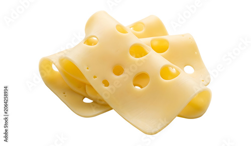 Swiss cheese slices, traditional dairy product from Switzerland, Emmental cheese, isolated on transparent or white background
