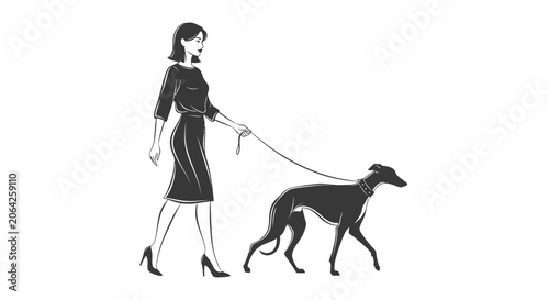 Stylish woman walking greyhound dog on leash illustration
