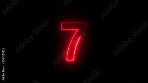 Abstract glowing neon text 07 number countdown icon. Glowing sign on black background Neon number 7 with alpha channel, simple red neon color. Seamless loop style animation.4k video.