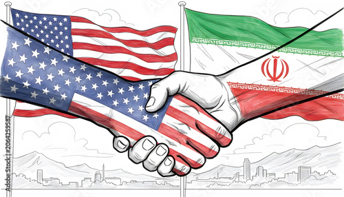 handshake closeup with america and iran flag agreement illustration