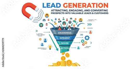 Lead generation funnel with magnet attracting people and coins vector silhouette isolated on white background
