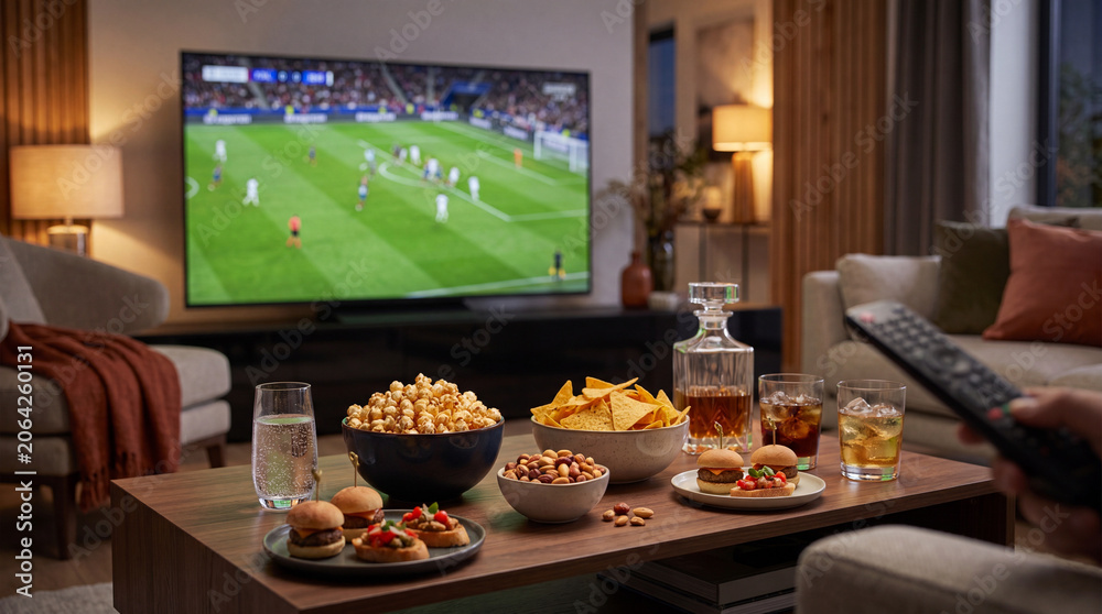Fototapeta premium Cozy living room with football match on TV, remote control, popcorn, nachos, mini burgers and drinks on a wooden table, creating a warm home game night atmosphere