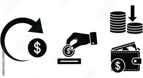 Financial transactions silhouette set including coin hand depositing stack and wallet