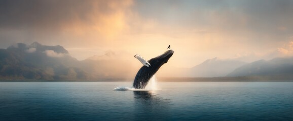 Whale breaching the water, sun setting over mountains. A bird perched. Calm ocean, orange sky