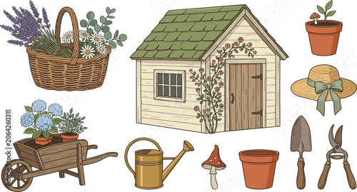 Cottagecore Gardening Vector Element Set Featuring Wooden Shed, Flower Basket, Wheelbarrow, Watering Can, Hand Tools, and Potted Plants Illustrations