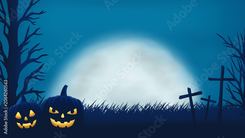 Animated of A spooky Halloween night scene featuring glowing jack-o'-lantern pumpkins in tall grass beneath a large full moon, silhouetted trees and crosses creating an eerie graveyard atmosphere.