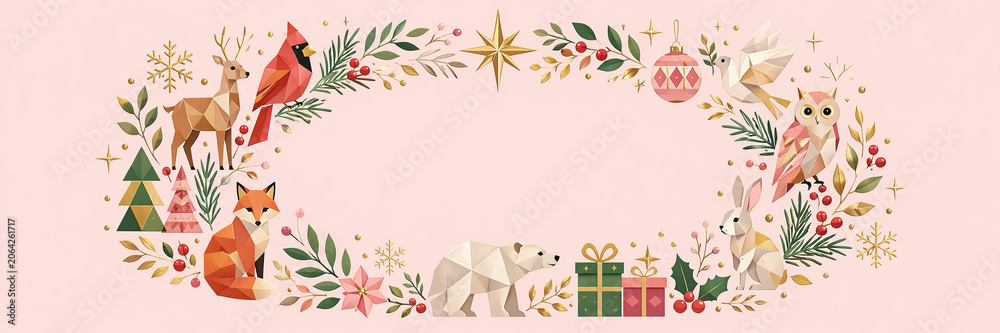 Fototapeta premium Geometric woodland animals with Christmas decorations and foliage arrangement