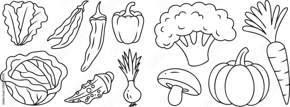 Fototapeta premium A diverse set of detailed outline drawings showcasing fresh healthy vegetables for organic food concepts