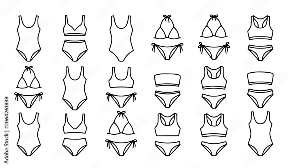 Fototapeta premium Swimsuit and Bikini Icons Monochrome Hand Drawn Beachwear Vector Set