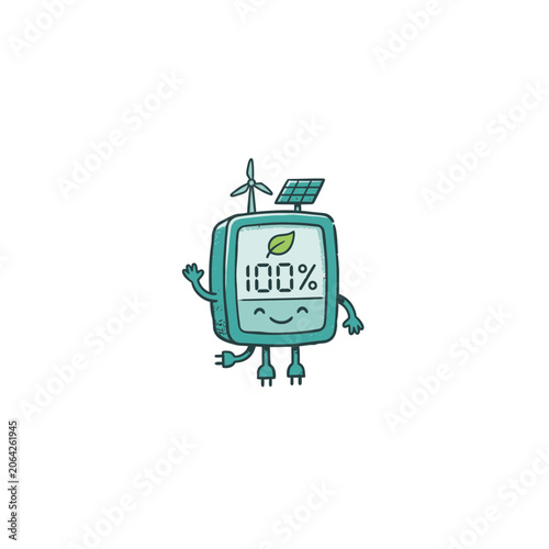 Φωτογραφία Cheerful Teal Energy Meter Mascot Cartoon Showing A Wind Turbine And Solar Panel