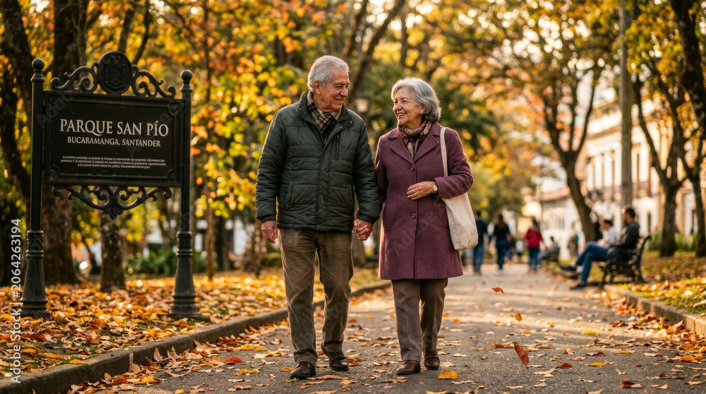 Obraz premium Elderly Couple Walking Together in Park