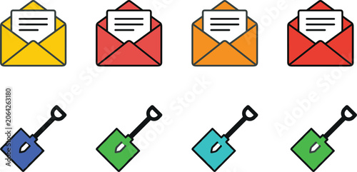 Tableau sur toile Envelope with letters and colorful shovels icon set communication and tool conce