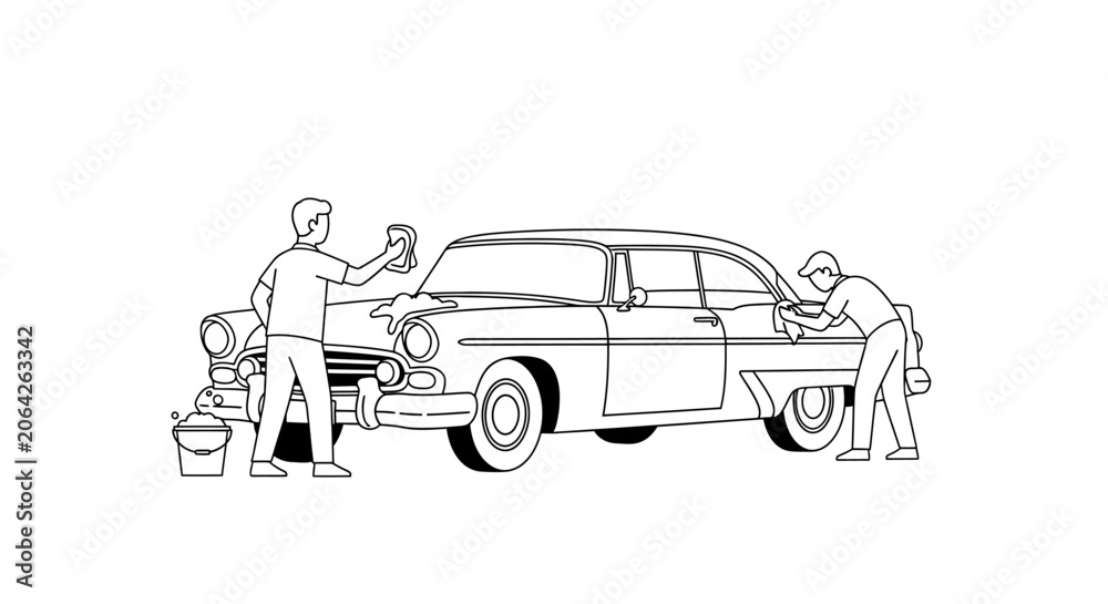 Naklejka premium Vintage Car Washing - Two Men Cleaning Retro Automobile