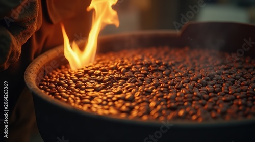 Close Up Roasting Coffee Beans Over Open Flame.