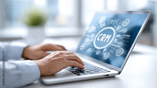 Businessperson Using Customer Relationship Management Software on Laptop Desk