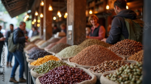 Colorful variety of spices and legumes at market stall.