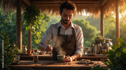 Man Preparing Coffee in Rustic Outdoor Cafe Setting.