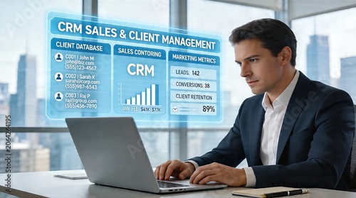 Businessman Analyzing Customer Relationship Management Data on Laptop in Office