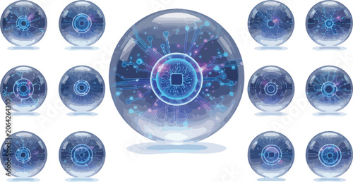 Glowing elliptical pods with futuristic digital patterns