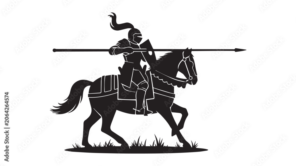 Fototapeta premium Medieval Knight on Horseback with Lance Silhouette Vector Art.