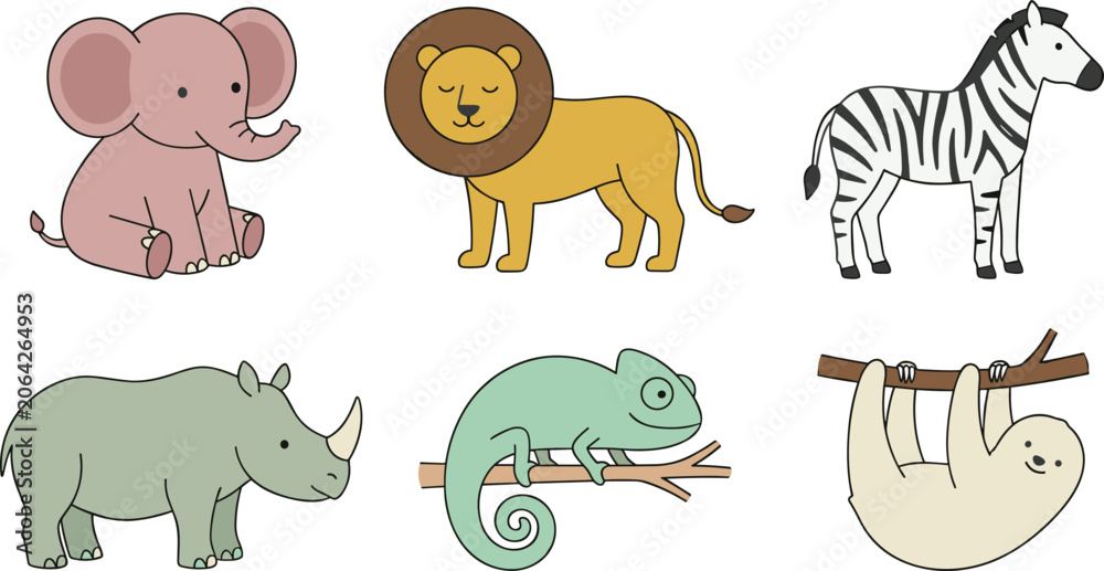 Fototapeta premium Cute Minimalist Safari and Jungle Animals Vector Clip Art Set Featuring Cartoon Elephant Lion Zebra Rhinoceros Chameleon and Sloth Icons
