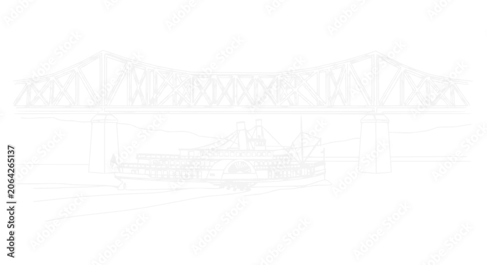 Fototapeta premium Modern suspension bridge over a river with a passing steamboat, minimalist white line art.
