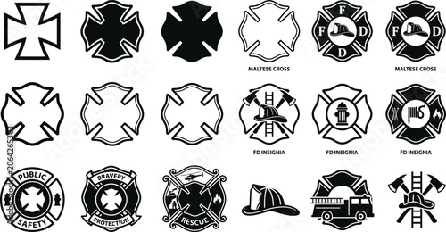 Foto Firefighter Maltese Cross Symbols, Fire Department Badge and Emergency Service E