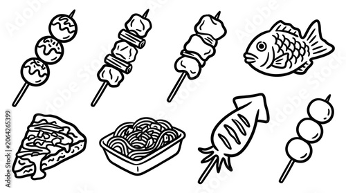 Bild auf Leinwand Japanese Street Food Illustration: Skewers, Takoyaki, Taiyaki, Squid, Noodles, P