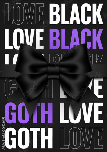 Gothic poster template with black 3D bow and repeating typography.  Vector illustration.