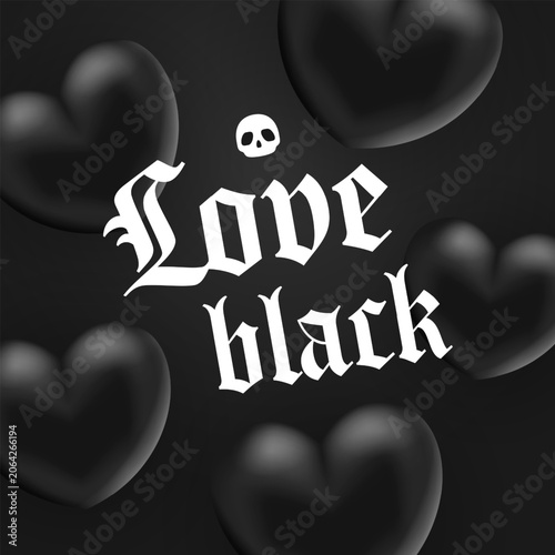 Poster with 3d black hearts and skull. Vector illustration.