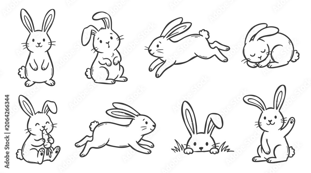 Fototapeta premium Cute Hand-Drawn Bunny Rabbits Set - Various Poses and Expressions