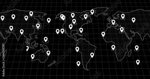 Cinematic slow motion footage of digital location pins connected across a global map interface, depicting navigation technology and network connectivity 