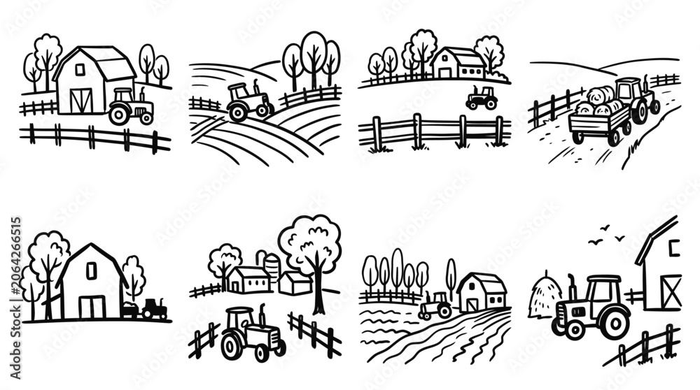 Obraz premium Farm Vector Icons: Tractors, Barns, Fields, and Hay Bales - Hand-drawn Outline Style