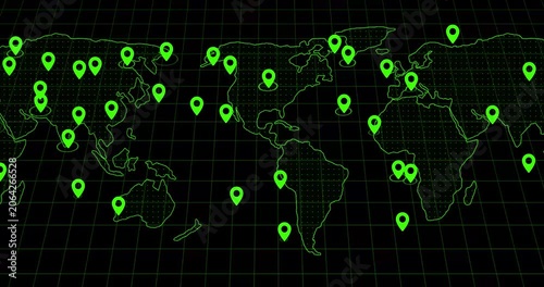 Cinematic slow motion footage of digital location pins connected across a global map interface, depicting navigation technology and network connectivity 