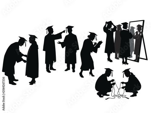 Tableau sur toile Vector illustration of silhouettes of graduates preparing for commencement cerem
