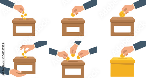Quadro su tela Donation box icon collection featuring hands placing coins into charity and savi