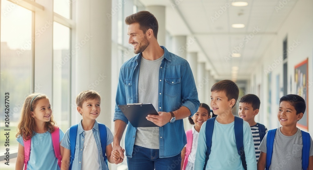 Obraz premium Teacher leading happy students down school hallway