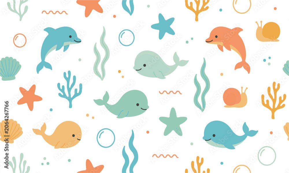 Naklejka premium Pastel Underwater Animal And Coral Repeat Pattern.
