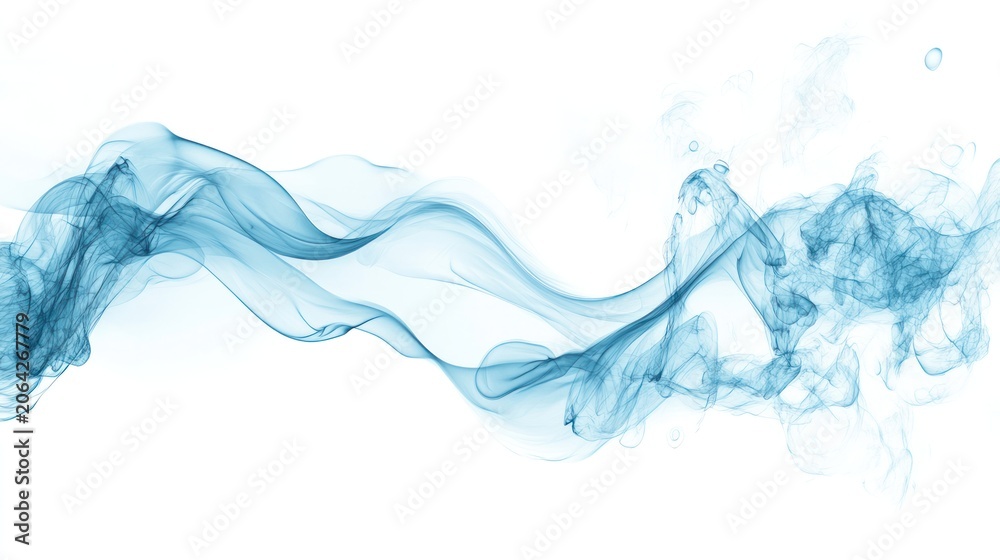 Fototapeta premium Wisps of Cyan Smoke: Ethereal tendrils of cyan smoke drift and swirl across a pristine white background, creating a dynamic and abstract visual flow.