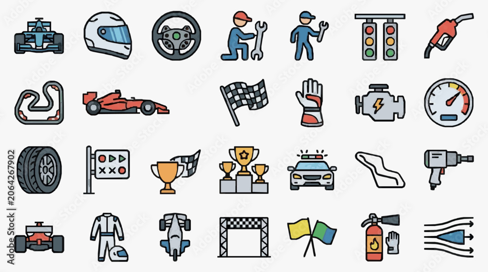 Naklejka premium Professional Racing and Automotive Maintenance Icons Collection for Motorsport Enthusiasts and Mechanics