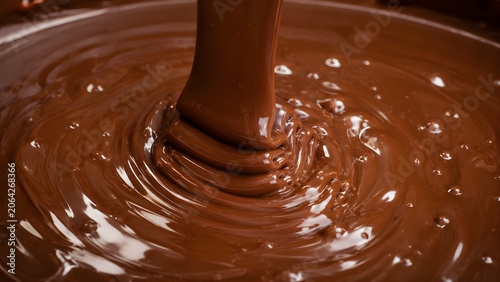Smooth milk chocolate pouring into a creamy liquid pool
